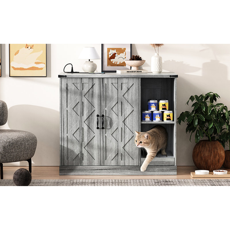 Gray Cat Litter Box Furniture, Power Outlet, Catcher, And Adjustable Shelves. Contemporary Geometric Design, Fits Most Automatic Boxes, Door Hooks For Pet Accessories, Universal Design Smart Pattern