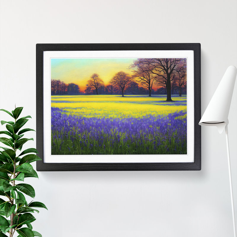 Inspiring Bluebell Field Sunrise - Single Picture Frame Print, Black Framed, 46cm H x 64cm W x 2cm D