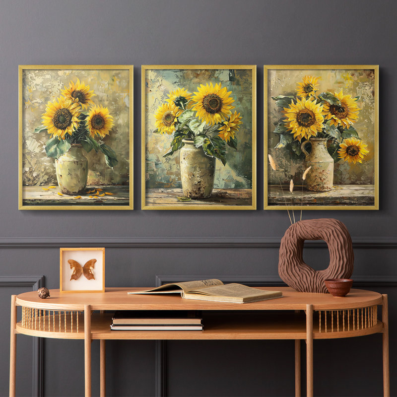 Étude florale CLxxi - ensemble de 3 estampes giclées encadrées - prêt à être accroché, Cadre doré, H 28 po x l 22 po