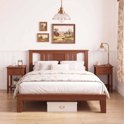 Lit plateforme en bois massif de style Mid-Century avec tête de lit, support à lattes de bois, aucun sommier nécessaire