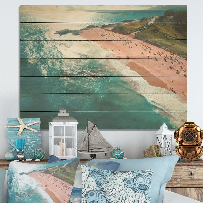 Blue And Pink Beach Aerial View IV - Beach & Ocean On Wood Print, 34" H x 44" W x 0.78" D