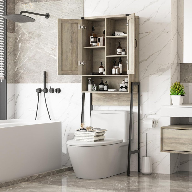 Gray MDF Over-the-Toilet Storage Cabinet with Doors and Shelves