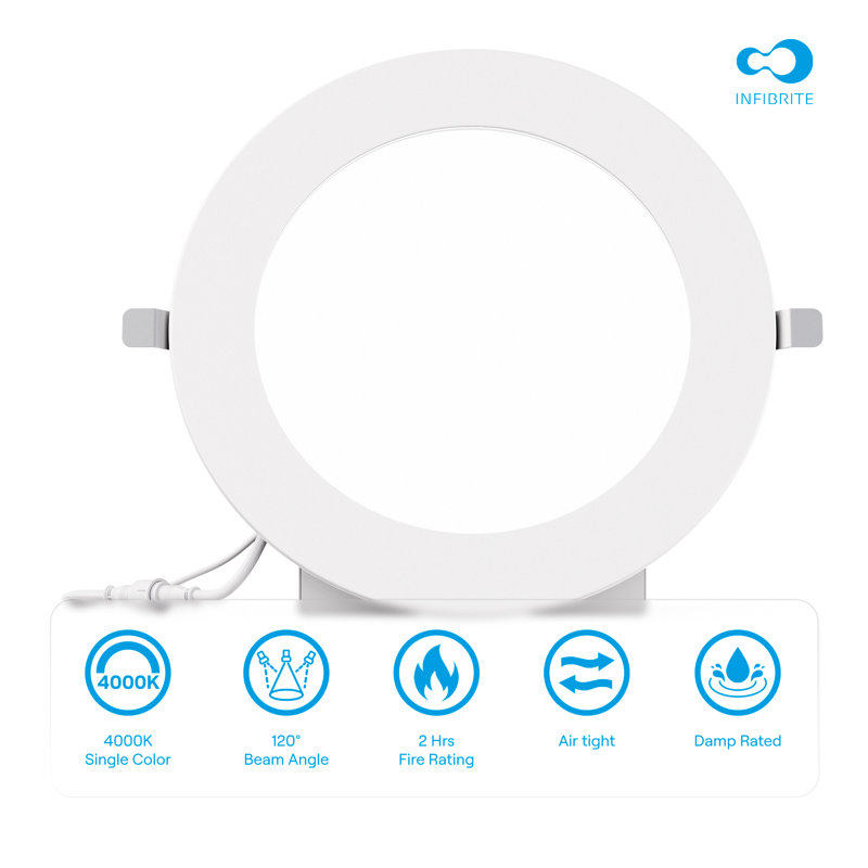 Ensemble de plafonniers encastrés à DEL de 6 pouces Infibrite, résistant au feu pendant deux heures, lumière blanche froide de 4 000 kelvins, finition blanche, 12 watts, 1050 lumens, intensité variable, indice d'humidité, ensemble de 12