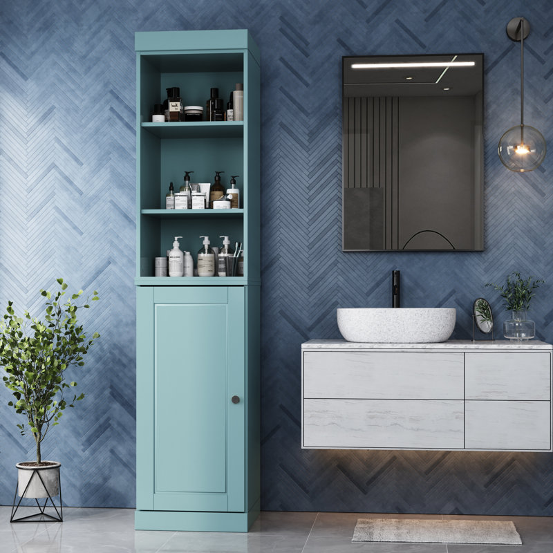 100% Solid Wood 16.5" Bathroom Storage Cabinet with Solid Doors and Adjustable Shelves, Aqua Blue