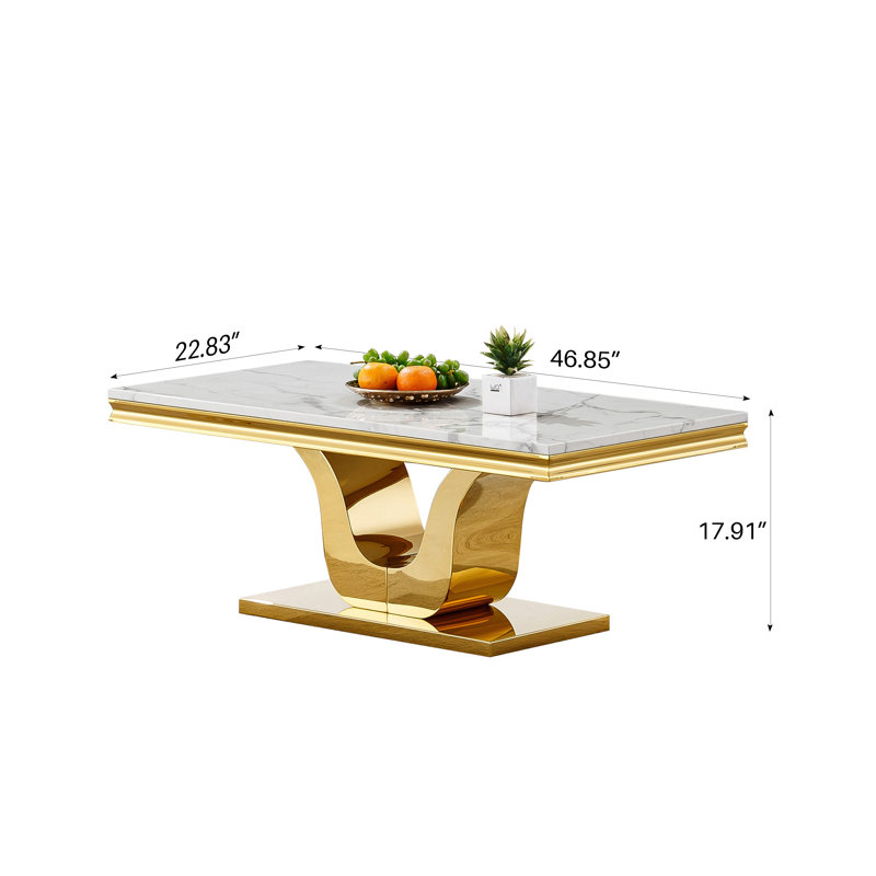 46.85" Coffee Table with White Marble Top, Modern Rectangular Faux Marble Coffee Table with Single U-shaped Stainless Steel Pedestal, Luxury Cocktail Center Table for Living Room Office