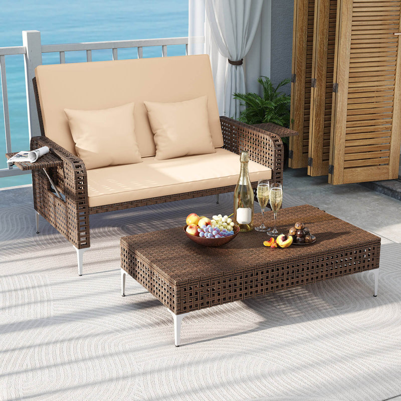 2 PCS Wicker Loveseat & Storage Ottoman with  4-Level Backrest & Soft Cushion Brown, Beige