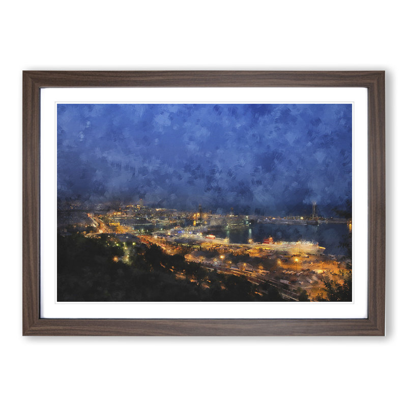 Barcelona Skyline - Picture Frame Painting, Walnut Framed, 36cm H x 48cm W x 2cm D