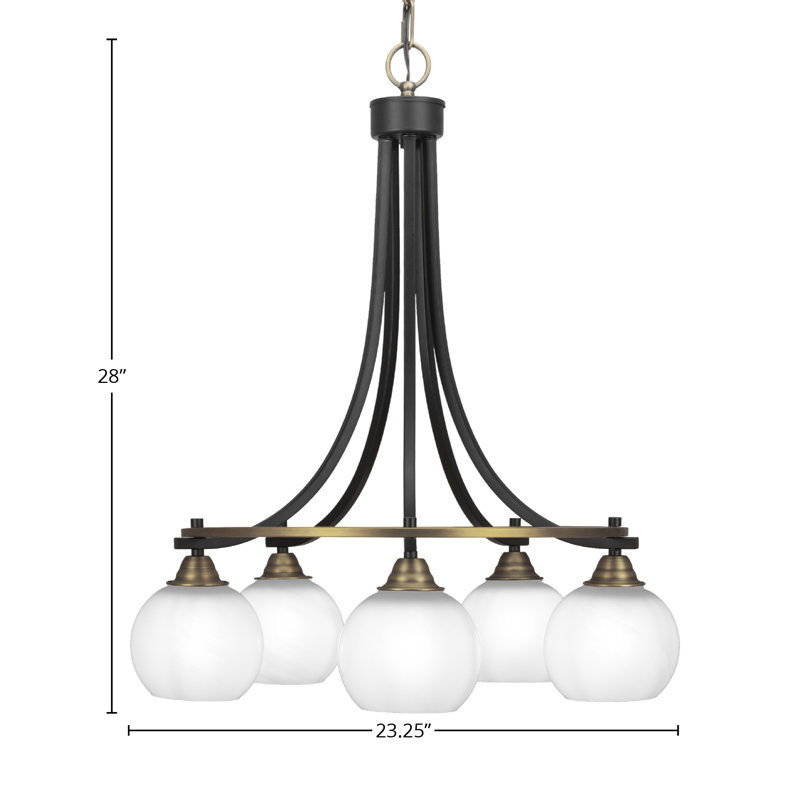 Lustre encastré 5 lumières Michell, fini noir mat et laiton avec verre de 5,75 po, Marbre blanc