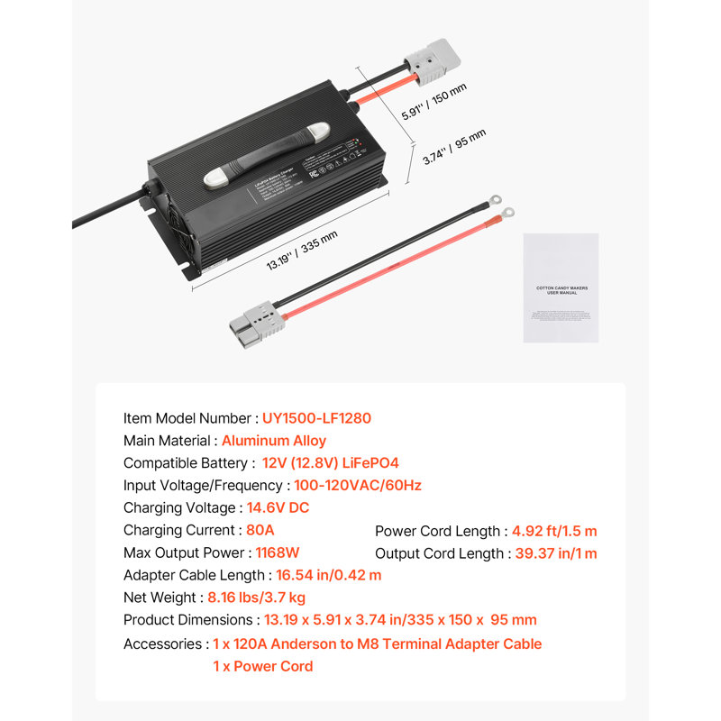 Chargeur de batterie 12V 12V 80A Lithium 14,6V AC-DC LiFePO4 pour véhicule récréatif, 876