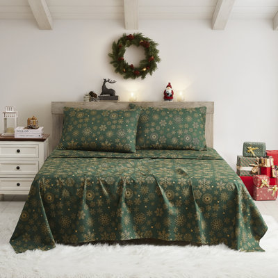 Ensemble de draps de vacances imprimés 4 pièces, literie des Fêtes facile à entretenir, douce et infroissable - flocons de neige, grand