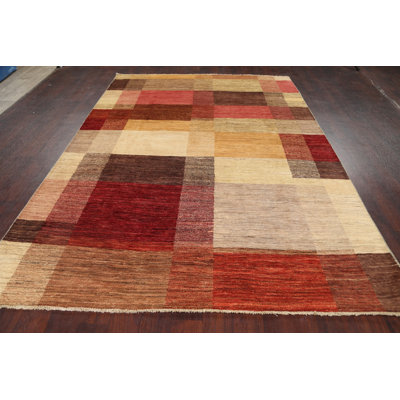 Tapis décoratif en laine noué à la main de conception unique noué à la main New Age Gabbeh rouge/brun/gris de 6 pi 5 po x 9 pi 4 po