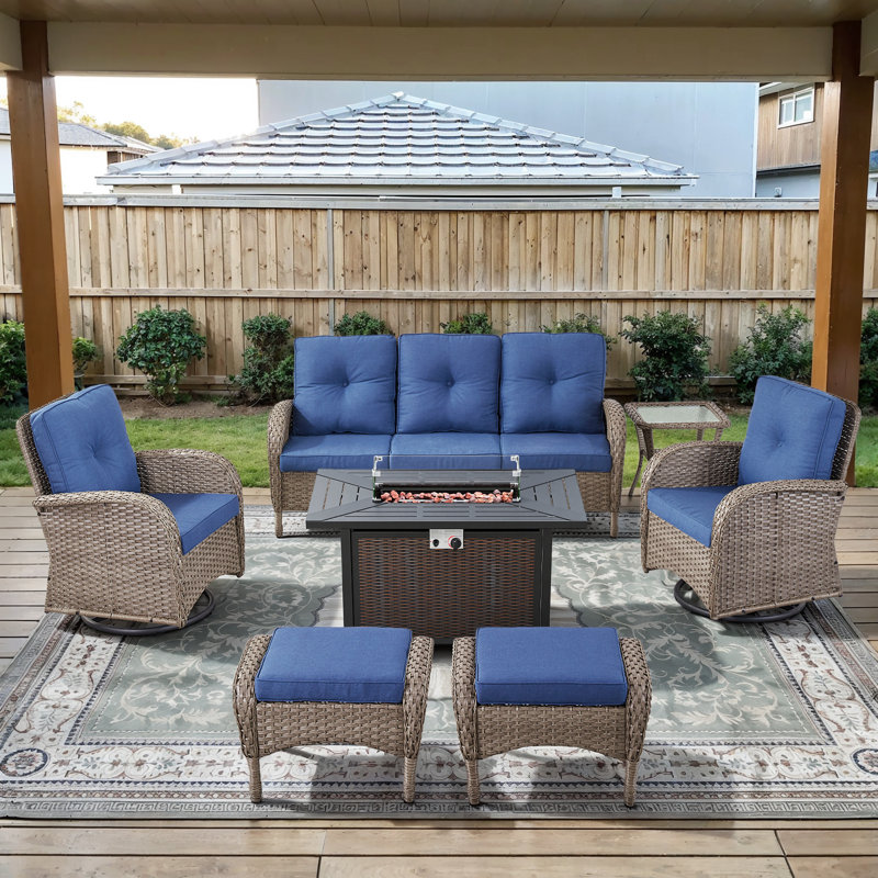 7-Piece Outdoor Patio Wicker Relaxed Fire Pit Set With Swivel Chairs And Ottomans, Blue