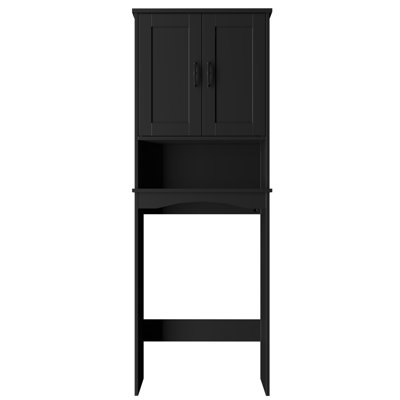 Rangement confortable au-dessus de la toilette avec portes et tablettes ouvertes