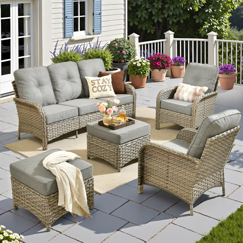 Ensemble de mobilier d'extérieur en osier 5 pièces avec coussins et repose-pieds, Gris foncé