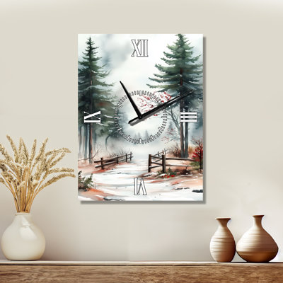 Chemin forestier de pins enneigés II - Grande horloge murale rustique blanche en métal