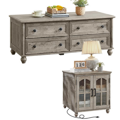 Ensemble de table basse et table d'appoint de style ferme (2 pièces), tables de salon en bois avec table basse à 4 tiroirs et table d'appoint avec station de recharge, design à colonnes romaines pour salon et chambre