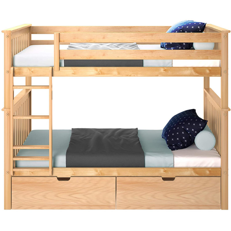 Lit superposé standard en bois massif à 2 tiroirs Streamline par Harriet Bee, Double sur double, Naturel