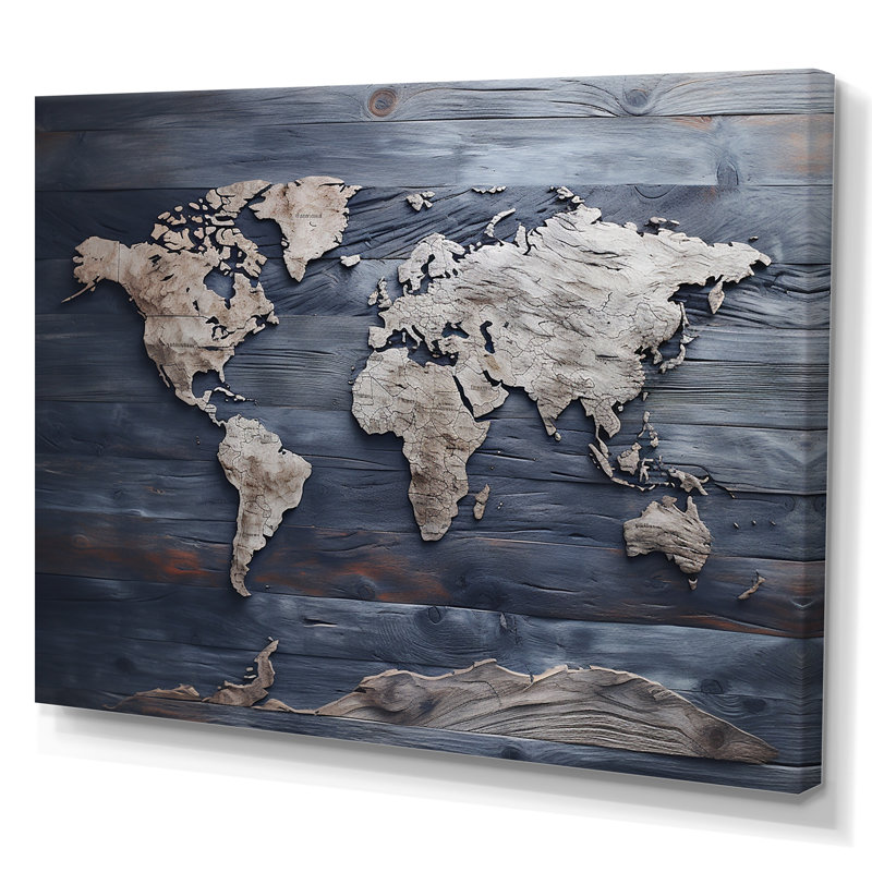 Carte du monde rustique - impression de décoration murale carte du monde, H 34 po x l 44 po x P 1,5 po, Toile tendue