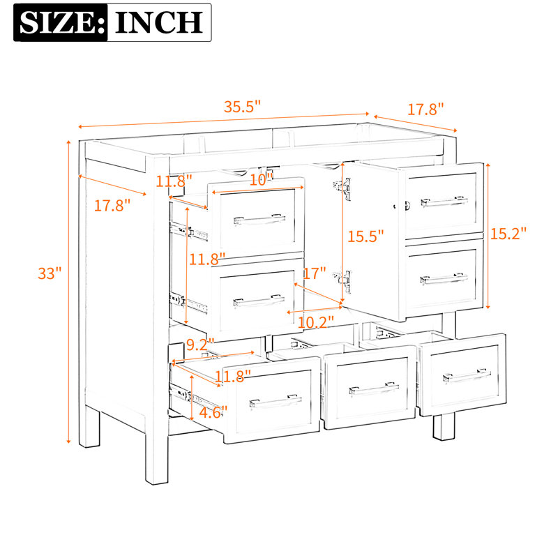 Bathroom Vanity 36'', Solid Wood, , 5 Drawers, Soft Closing, White Storage Cabinet Storage, Wood & 36'', White