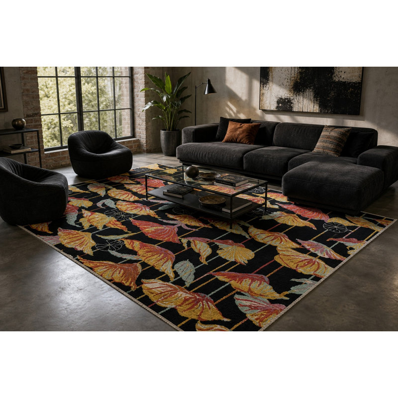 Tapis art nouveau contemporain en laine noir noué à la main