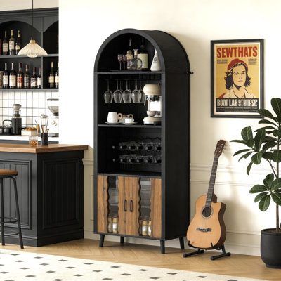 Tall Arched Wine Cabinet: 71"Wine Storage Cabinets,With 15 Liquor Racks 16 Glass Holders,4 Tier With Door & Adjustable Shelf - Bar Decorations For Hom