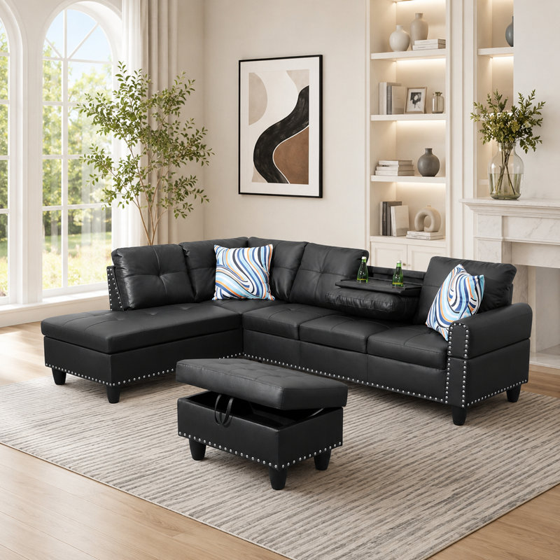 Canapé modulaire avec repose-pieds Plyler, Similicuir noir, Orienté à gauche (vu de face)