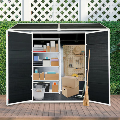 8x6ft Outdoor Shed With Two Windows - Resin Waterproof Storage Lockable Door & Floor Garden Black Windows, Patio, Backyard