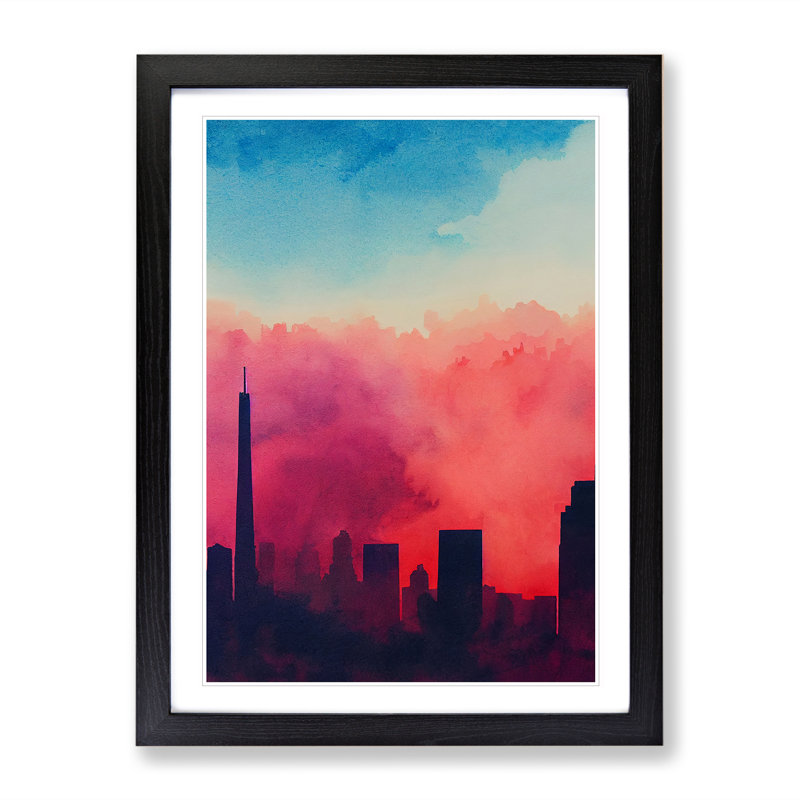 City Skyline In Watercolour No.5 - Single Picture Frame Print, 64cm H x 46cm W x 2cm D, Black