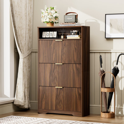 54.4" Tall Walnut 3-Drawer Flip Shoe Cabinet for Narrow Entryways