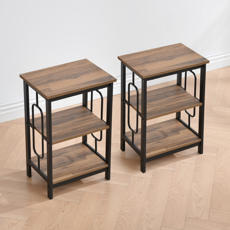 Industrial-style 3-Tier Nightstand (Set of 2) – Available in Black, Gold, and White Finishes, BLACK