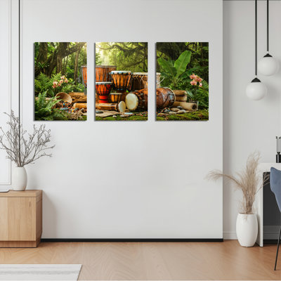 Tambours de jungle tropicale et instruments de musique sur toile, ensemble de 3 reproductions d'art sur toile
