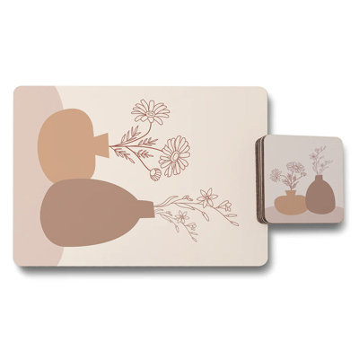 Neutral Floral Placemat And Coaster Set In Wood Backing Designer Artwork Collection Exclusive