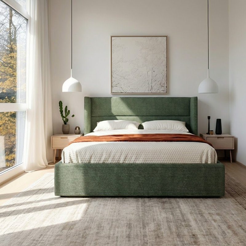Lit plateforme tapissier avec rangement Gaillarde, Double, Vert forêt