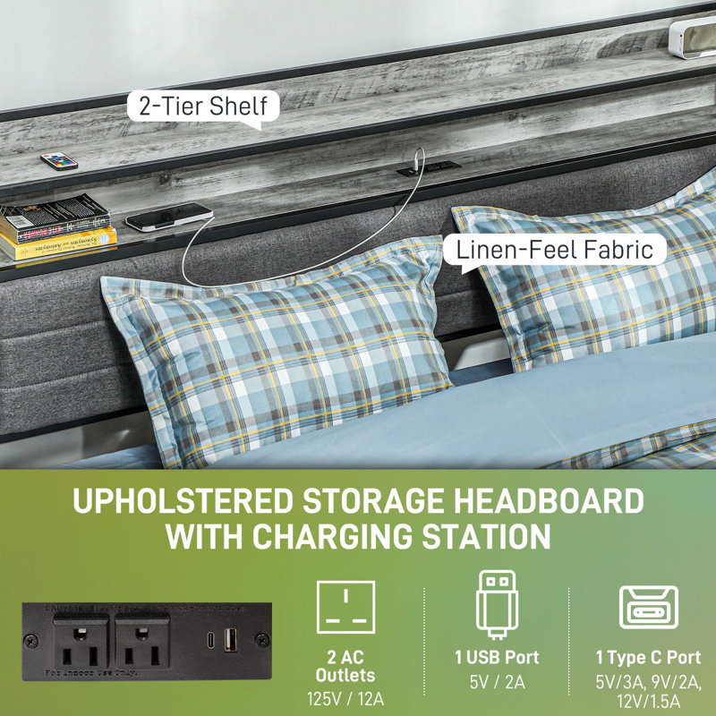 Bed Frame With Headboard, Platform Bed Frame With LED Lights, Charging Station, 3-Tier Storage Shelf, Steel Slats, Easy Assembly & Noise-Free With No Box Spring Needed, Walnut