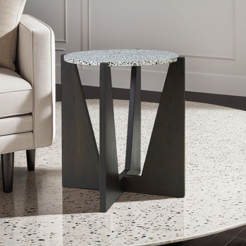 Table d'appoint, plateau rond en terrazzo, bois de manguier brun foncé