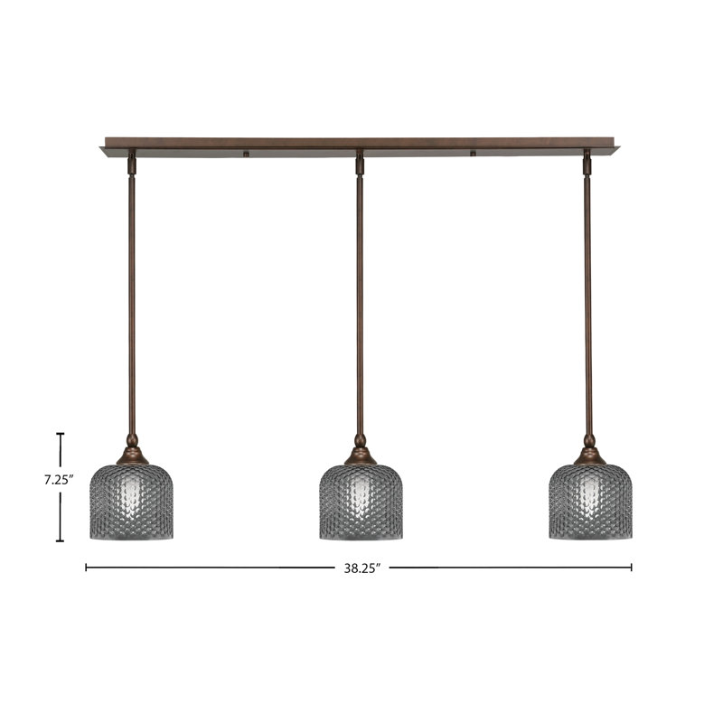 Luminaire suspendu linéaire à 3 lumières avec verre texturé fumée de 6 po, H 7,25 po x l 38,25 po x P 6 po, Bronze