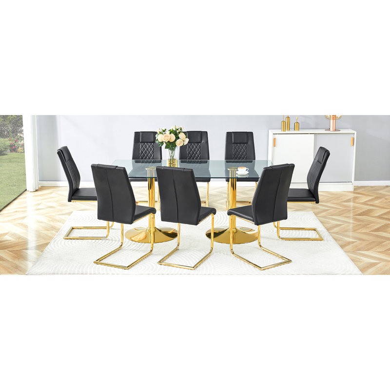 Ensemble de table de salle à manger moderne, verre trempé et chaises en polyuréthane, 8 places, noir et or