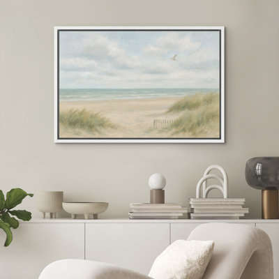 Seagull over Coastal Dunes Beach Landscape Coastal Decor - Framed Canvas Wall Art Print