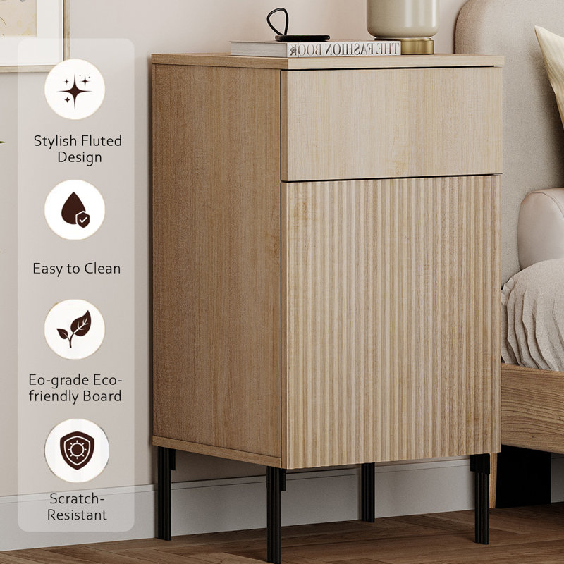 Union Rustic Set Of 2 Reeded End Table With Charging Station, Modern Minimalist Wooden Nightstand With Drawer For Bedroom, Living Room, Sofa Office