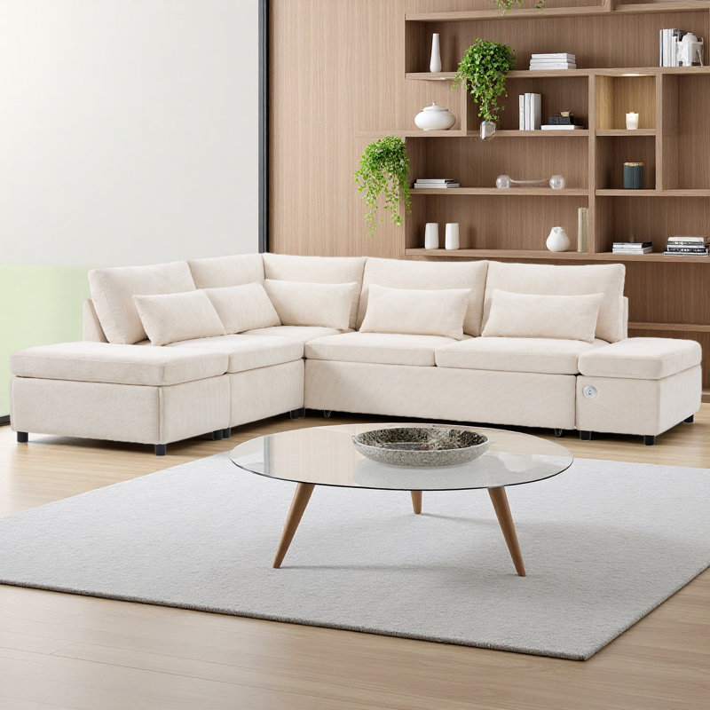 Canapé-lit modulaire de 107 po avec canapé-lit en forme de L avec accoudoirs réglables, charge USB et de type C 107 po, Beige