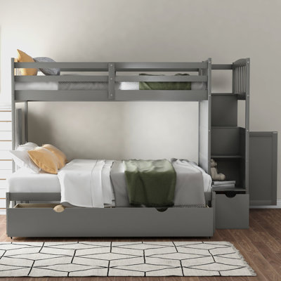 Lit superposé convertible simple au-dessus de double gris avec tiroirs de rangement, tablettes et escalier - Lit superposé pour enfant peu encombrant