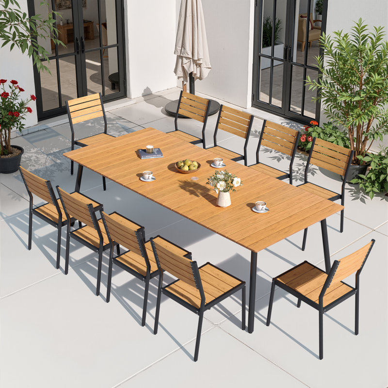 10-Person Aluminum Outdoor Dining Set With Umbrella Hole And Stackable Chairs, Brown