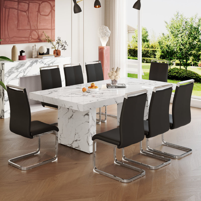 Ensemble de table de salle à manger en marbre pour 8 personnes, Noir, noir, noir, noir, 9 pièces : table, 8 chaises