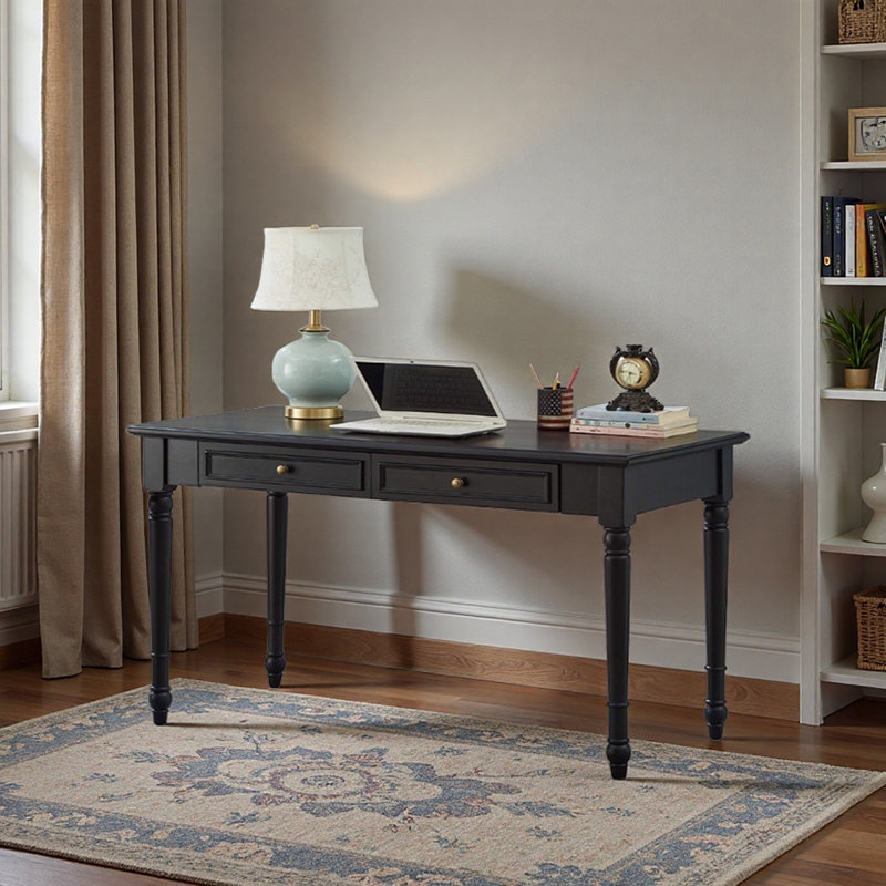 Black Rubberwood Double-drawer Writing Desk, 29.92" H x 62.99" W x 23.62" D
