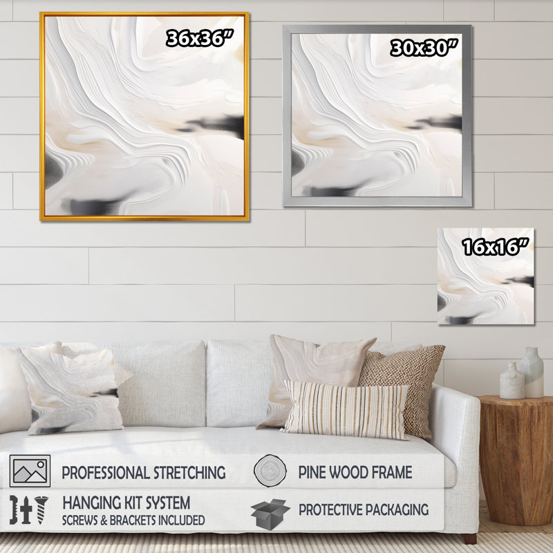 Blanc et or ondulations de pierre - art mural abstrait en marbre, H 36 po x l 36 po, Toile tendue, Sans cadre