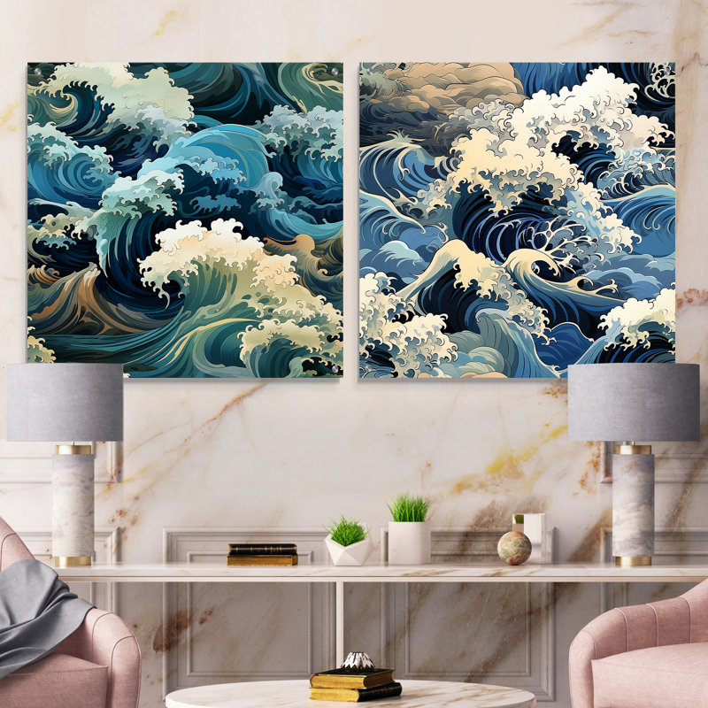 Motif de vagues japonaises Hokusai - ensemble d'art mural en verre acrylique bord de mer, H 16 po x l 33 po