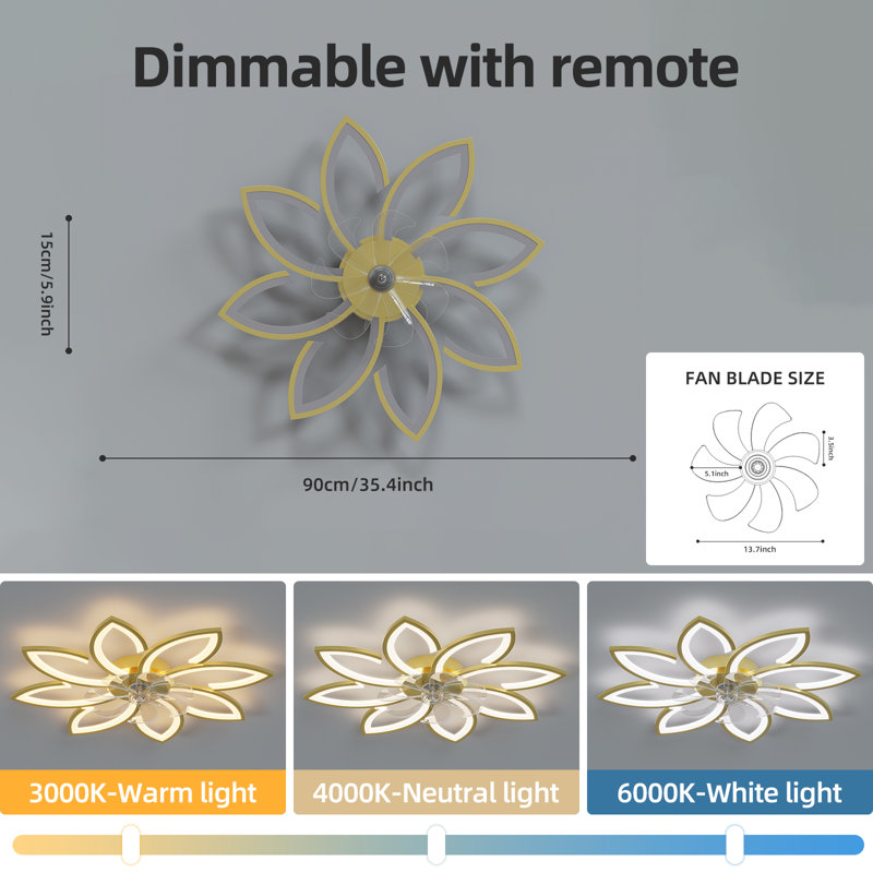 Deira 90cm 7 - Blade Reversible Dimmable LED Ceiling Fan With Remote Control And APP, Gold