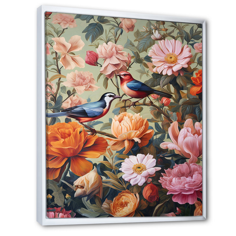 Peinture d'oiseaux tropicaux au paradis, Cadre flottant blanc, H 40 po x l 30 po x P 1,5 po