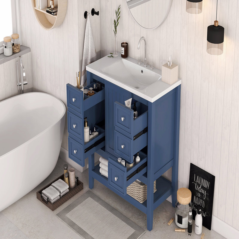 Meuble-lavabo 36 po avec lavabo, une armoire et trois tiroirs, Bleu