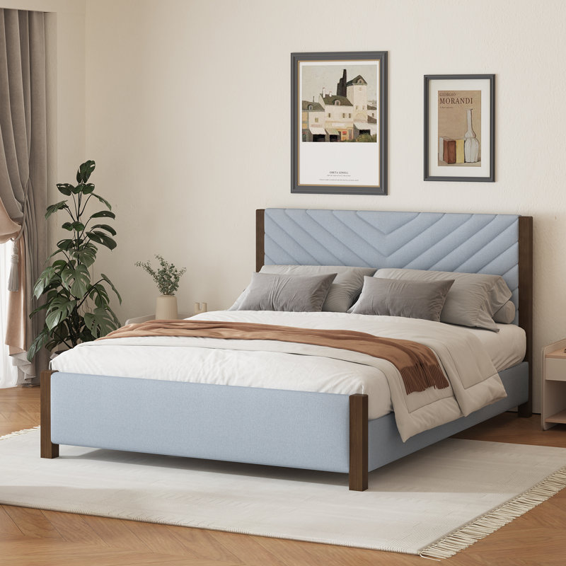 Structure de lit tapissier moderne Mid-Century avec tête de lit capitonnée et pieds en bois massif, Gris